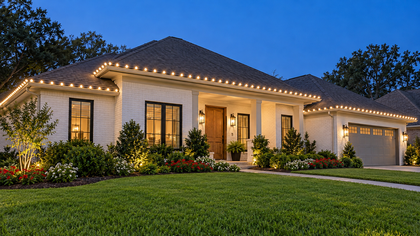 Christmas lights outlining the roof edges of a home