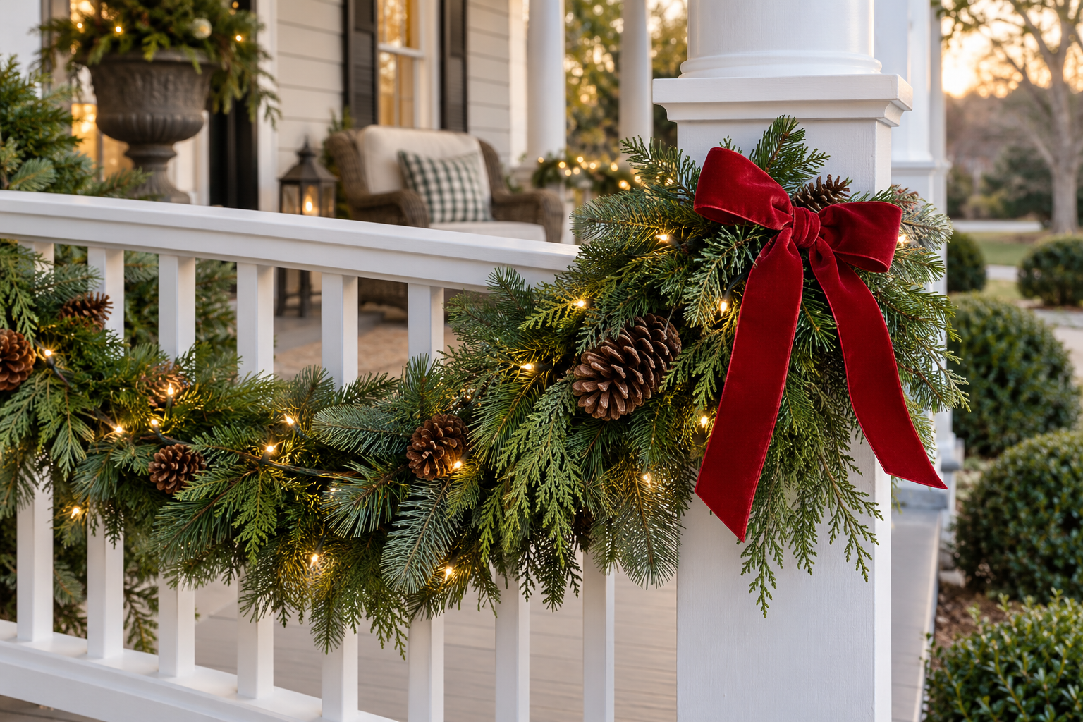Festive illuminated garland framing a business entrance