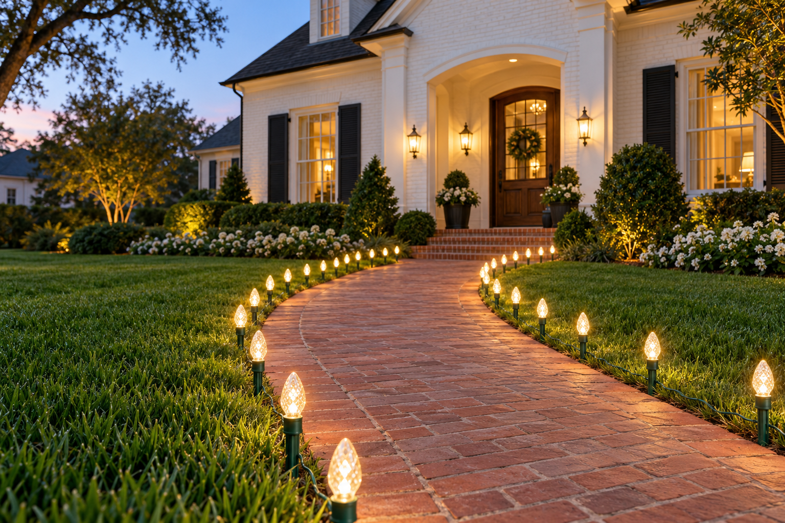 Classic warm white Christmas lights bordering an entrance path
