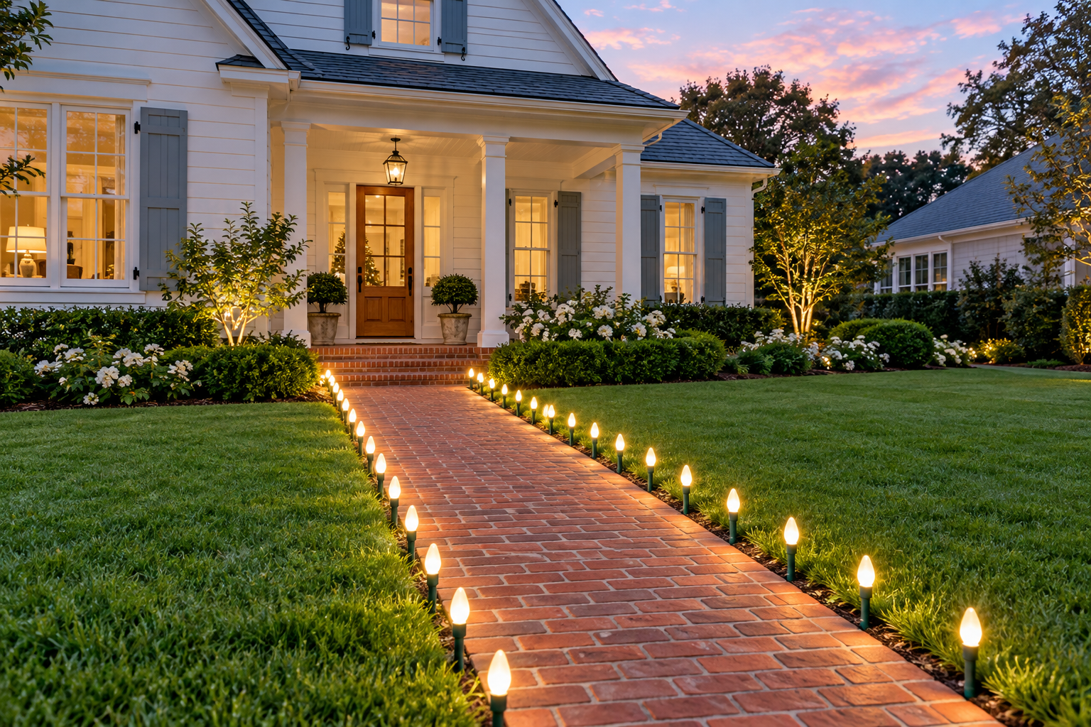 Warm white Christmas lights lining a front walkway
