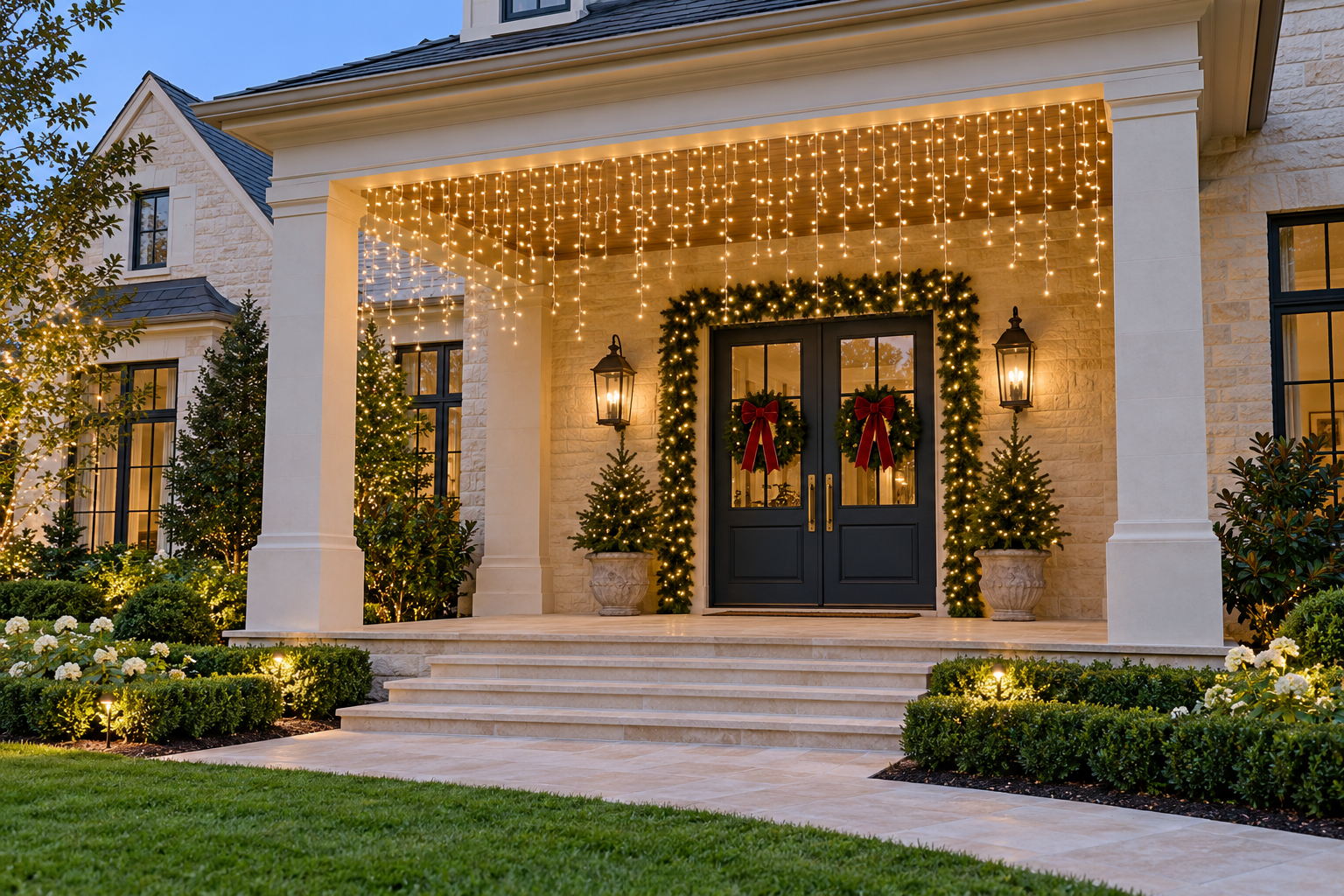 Hanging Christmas lights decorating the sides of an entrance