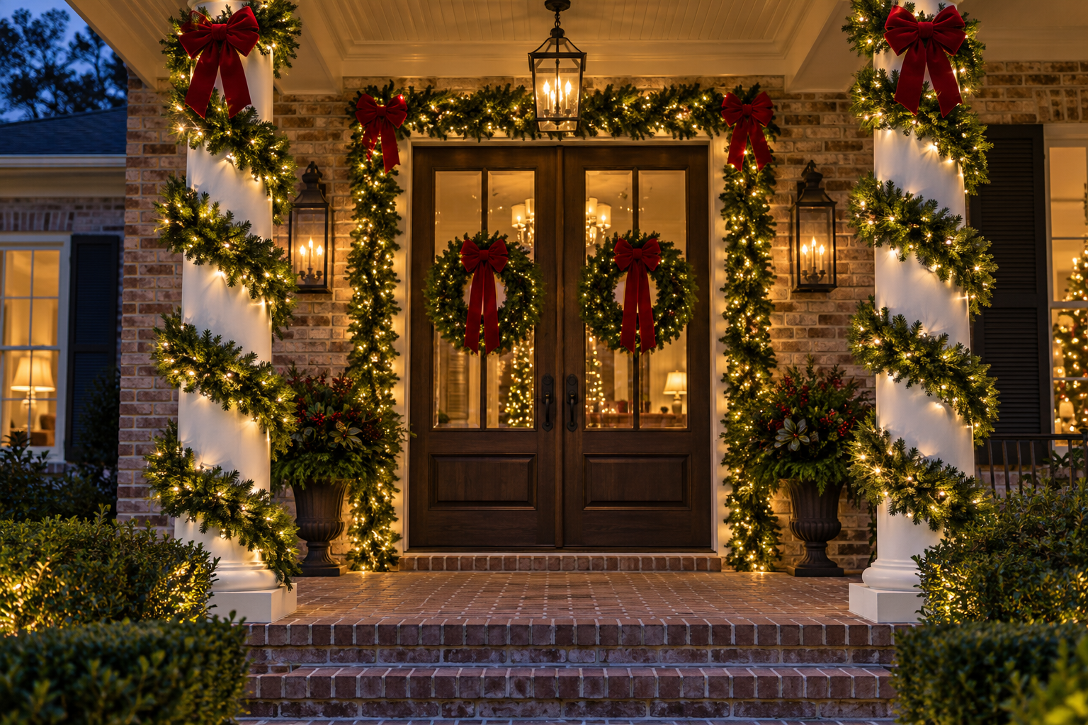 Illuminated Christmas garland decorating a front doorway and porch