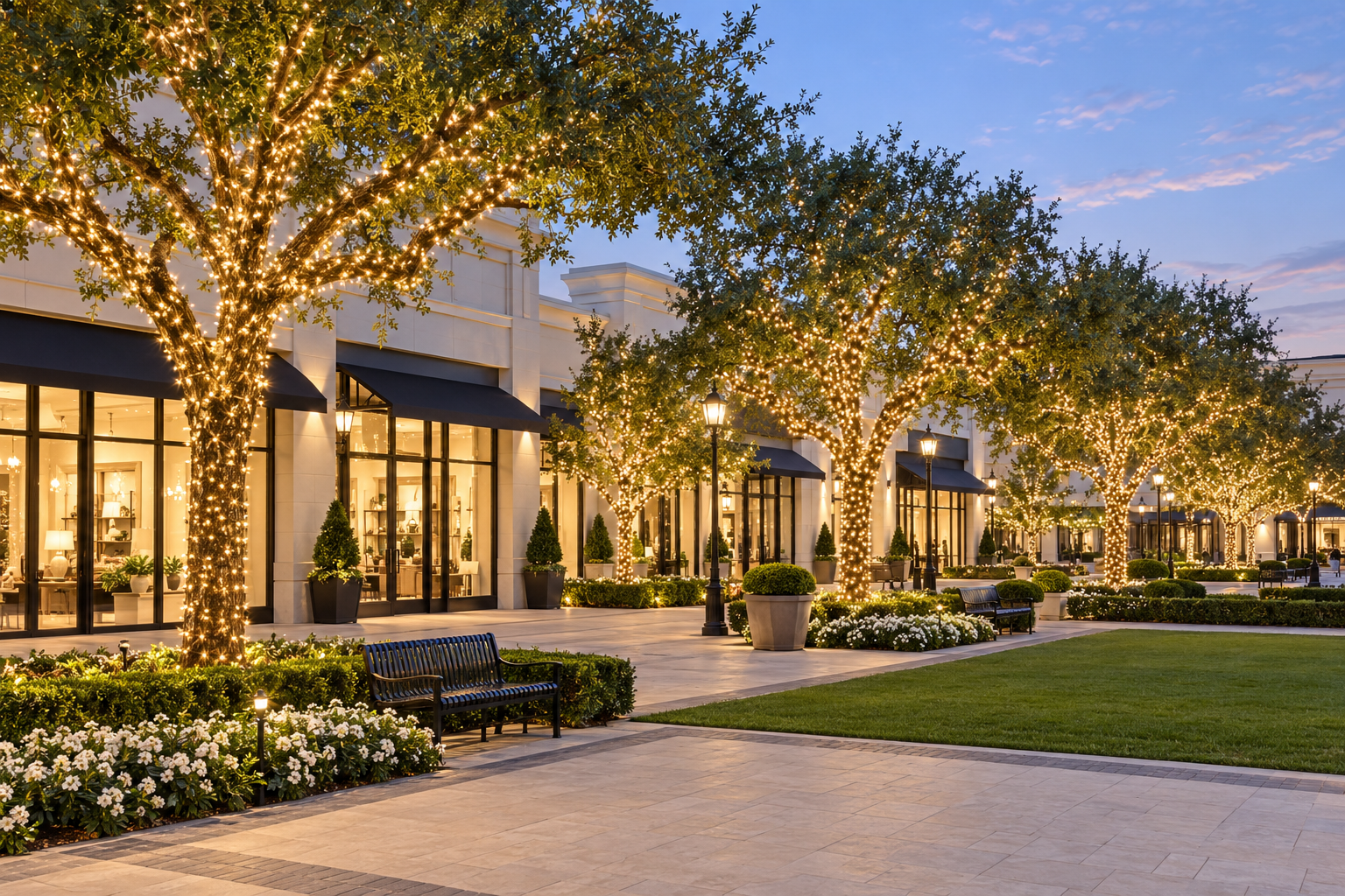 Outdoor trees decorated with Christmas lights at a business entrance