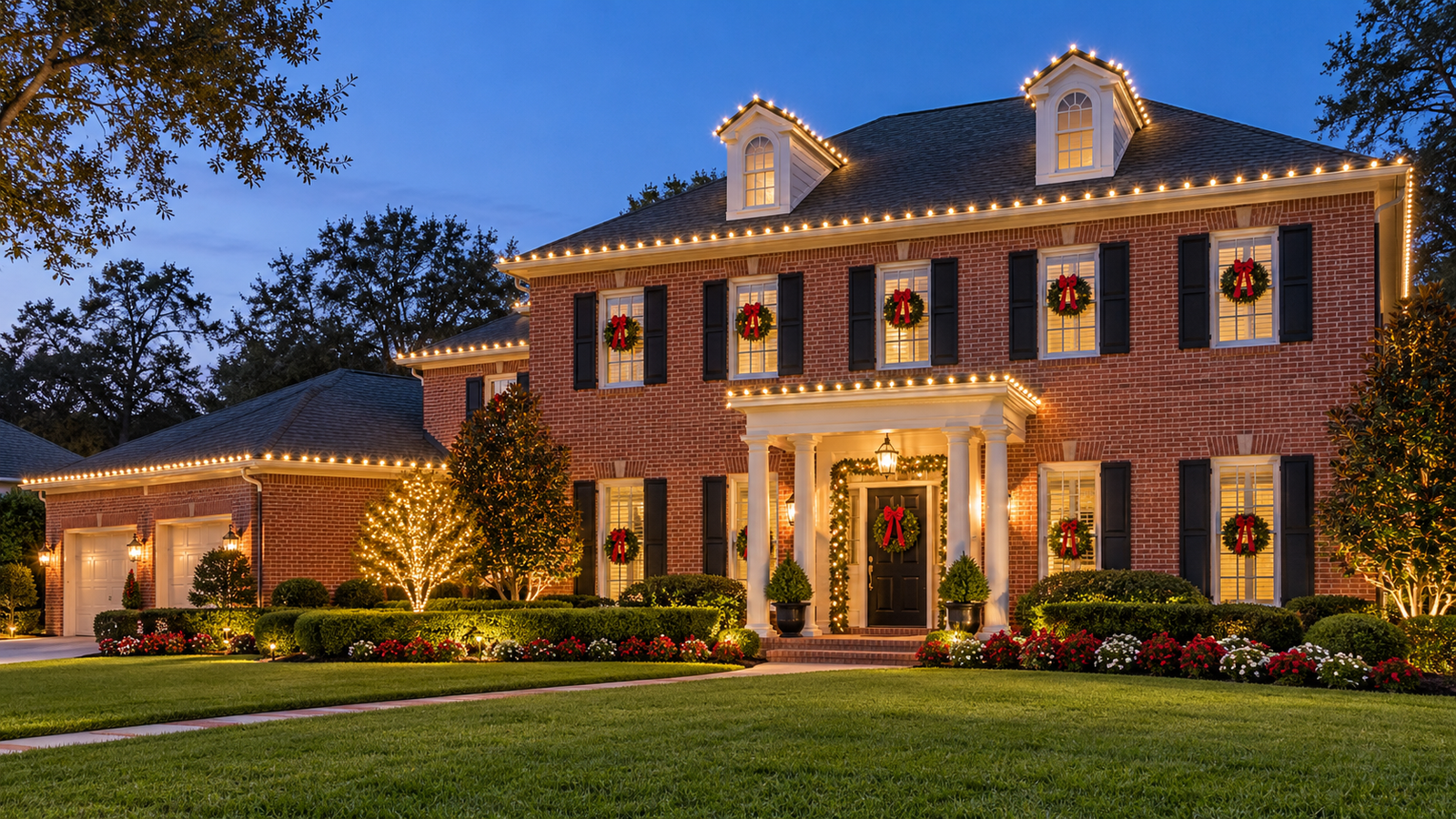Roofline Christmas lights outlining a home in Lafayette Louisiana
