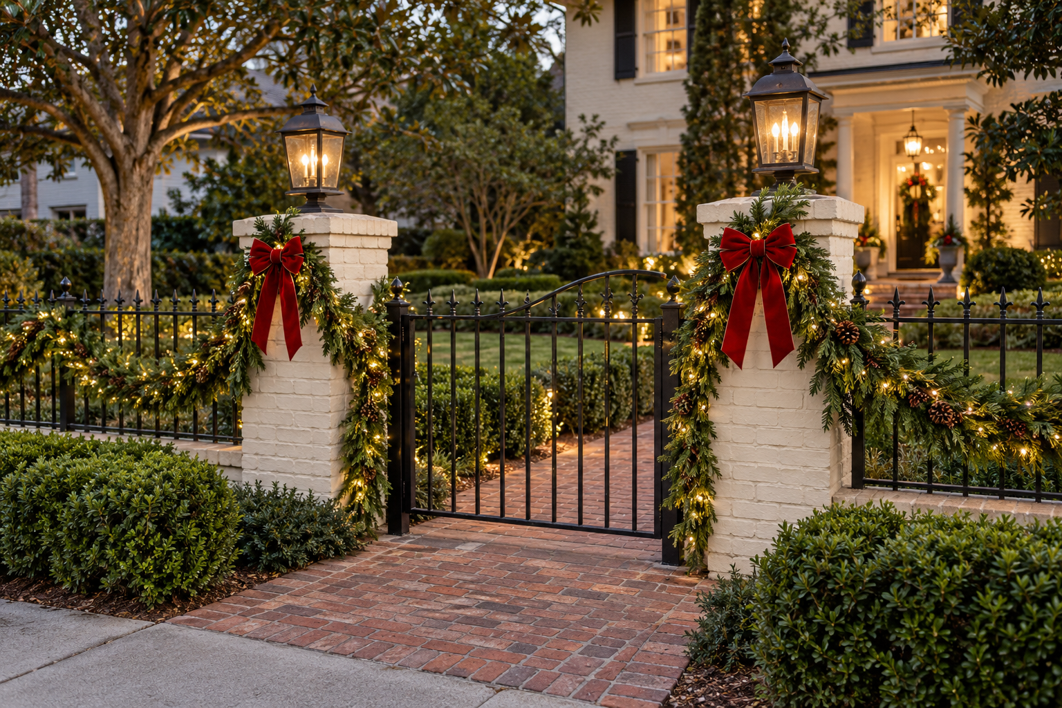 Coordinated lit garlands decorating a home's doorway and front porch